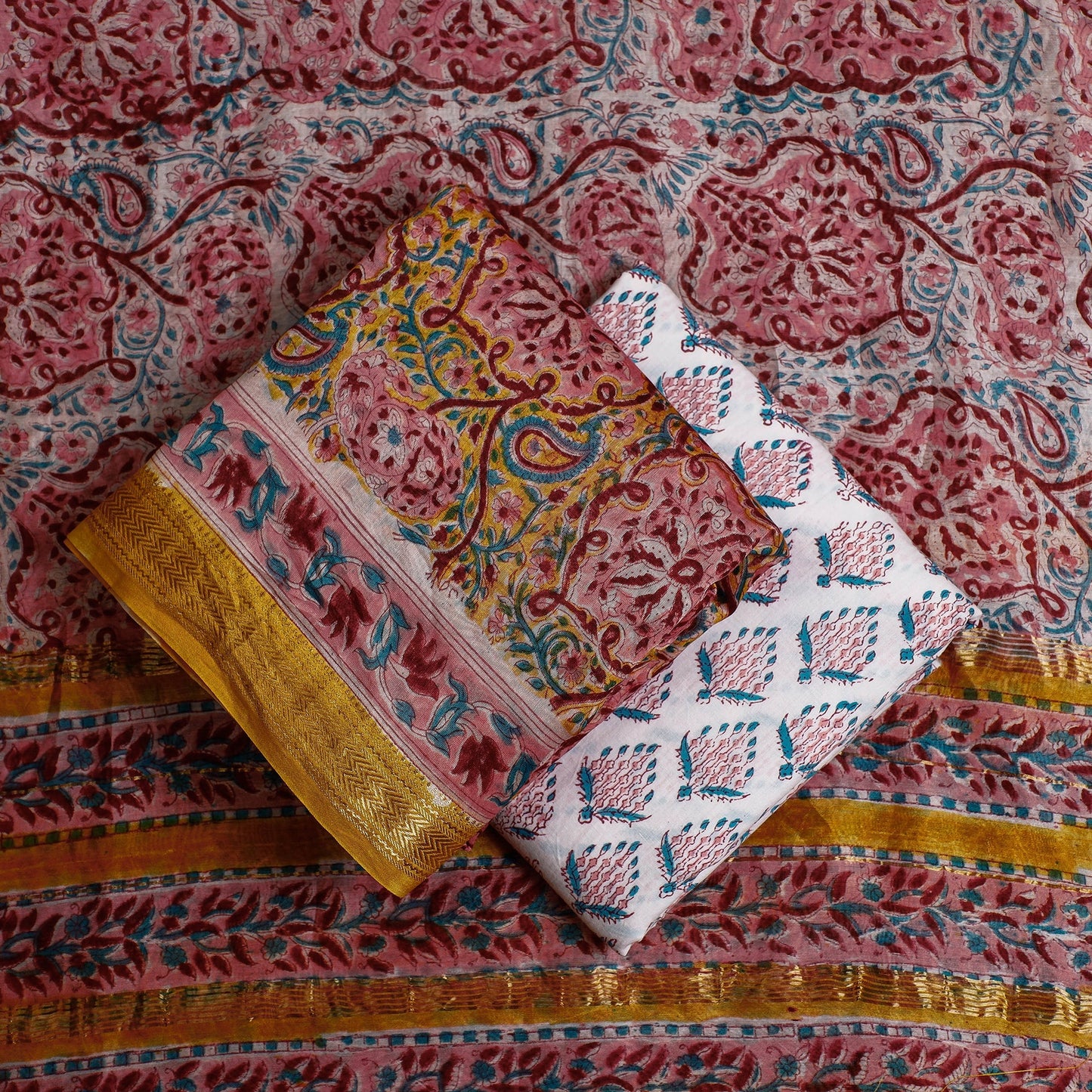3pc Sanganeri Block Printed Maheshwari Silk Suit Material Set