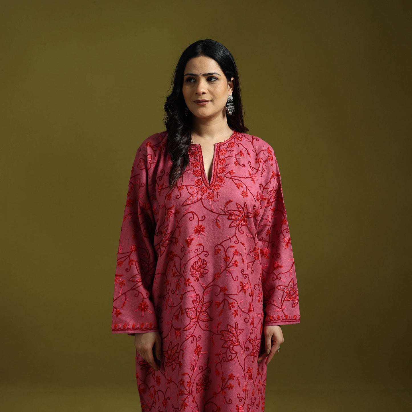 Pink - aari heavy hand embroidery kashmiri merino wool