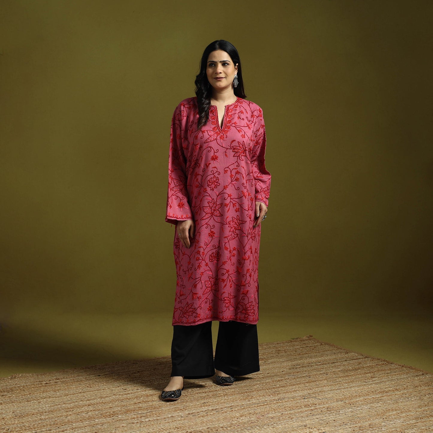 Pink - aari heavy hand embroidery kashmiri merino wool