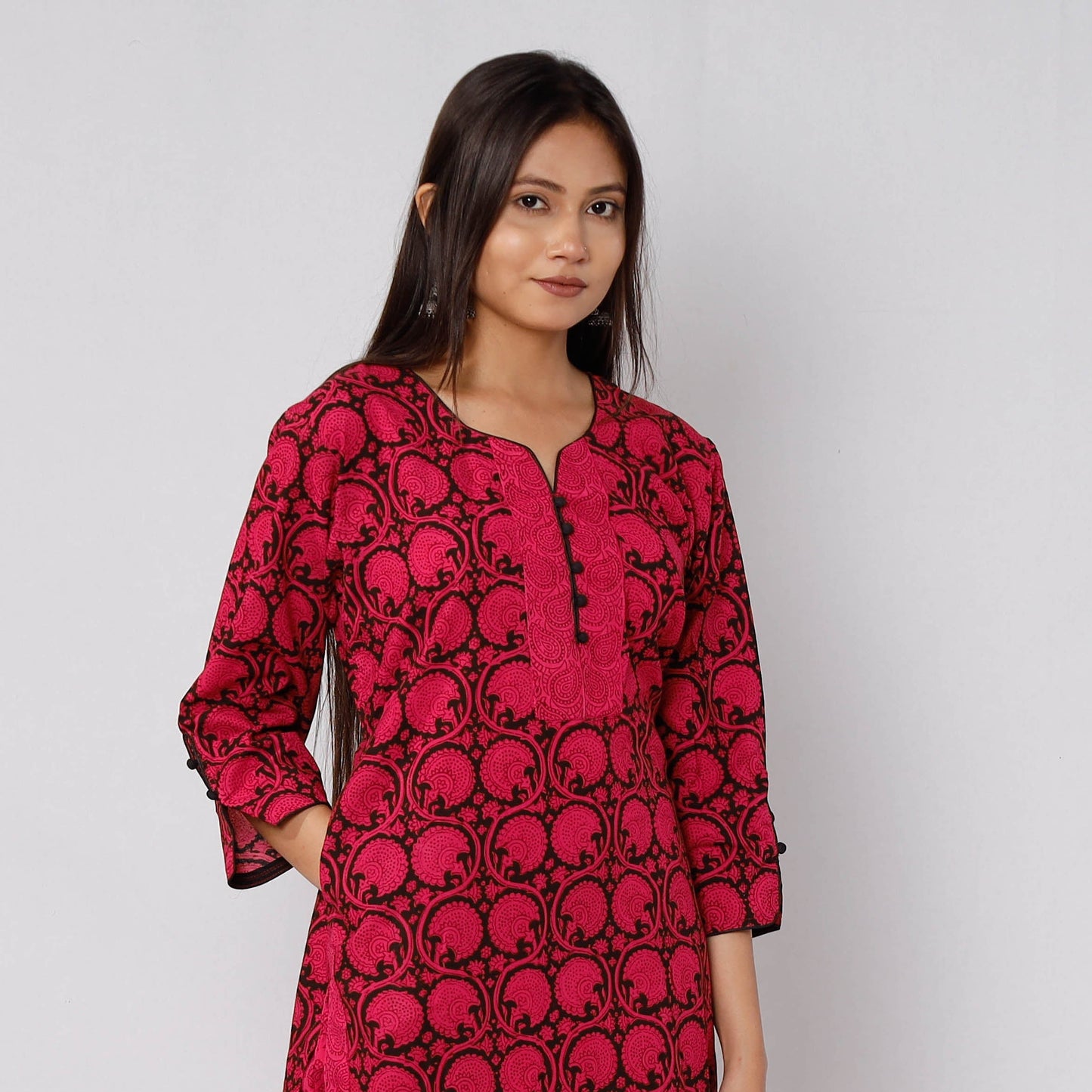 Bagh Block Printed Cotton Long Kurta with Palazzo & Dupatta Set