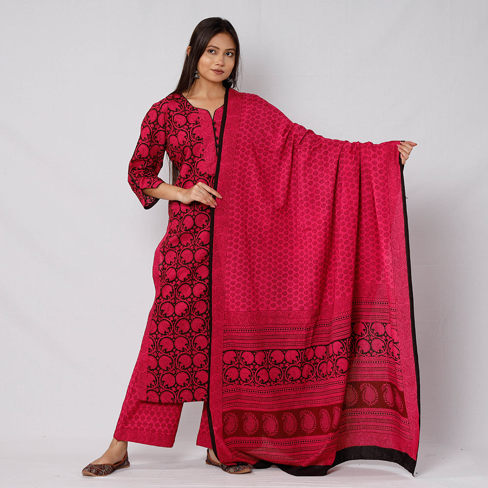 Bagh Block Printed Cotton Long Kurta with Palazzo & Dupatta Set