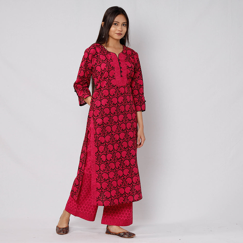 Bagh Block Printed Cotton Long Kurta with Palazzo & Dupatta Set