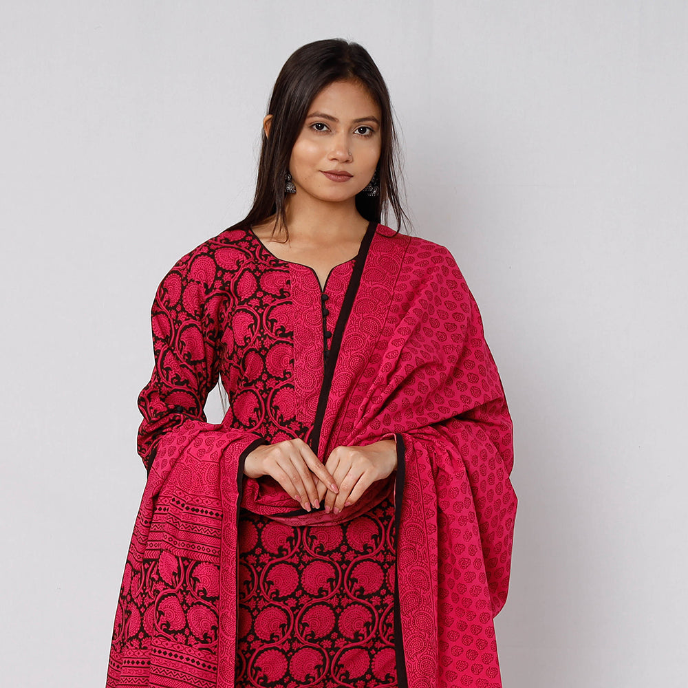 Bagh Block Printed Cotton Long Kurta with Palazzo & Dupatta Set