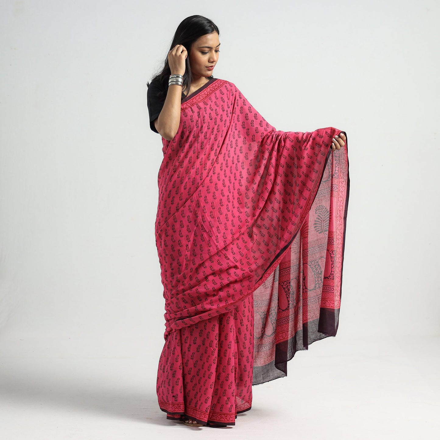 Pink Bagh Hand Block Printed Natural Dyed Cotton Saree
