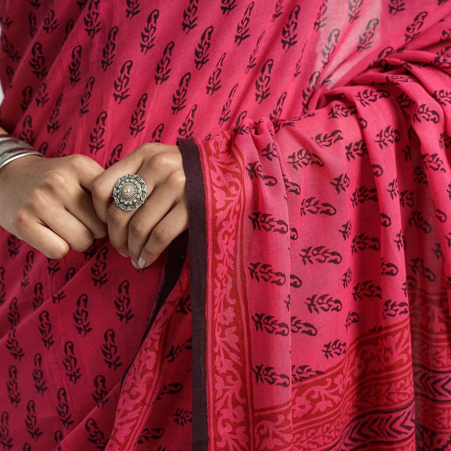 Pink Bagh Hand Block Printed Natural Dyed Cotton Saree