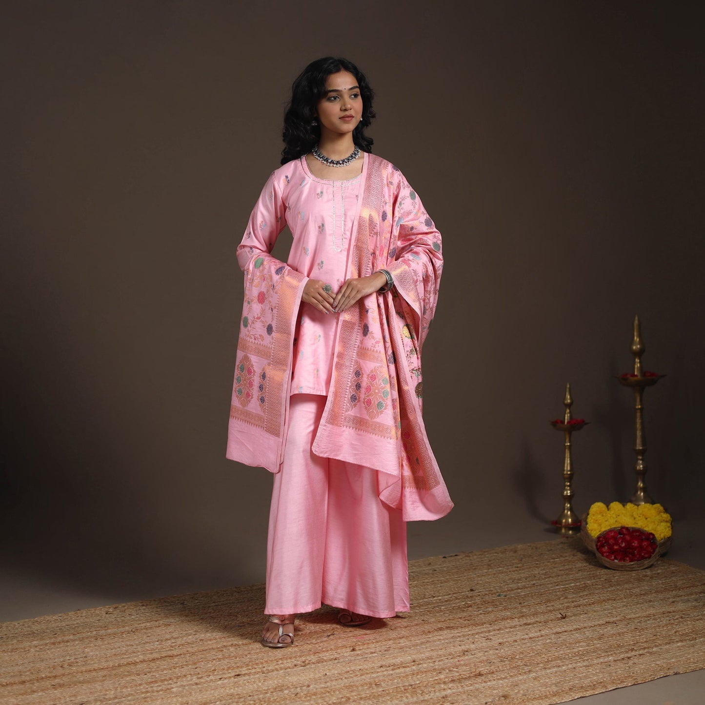 Pink - banarasi with gota work meena weaving silk cotton