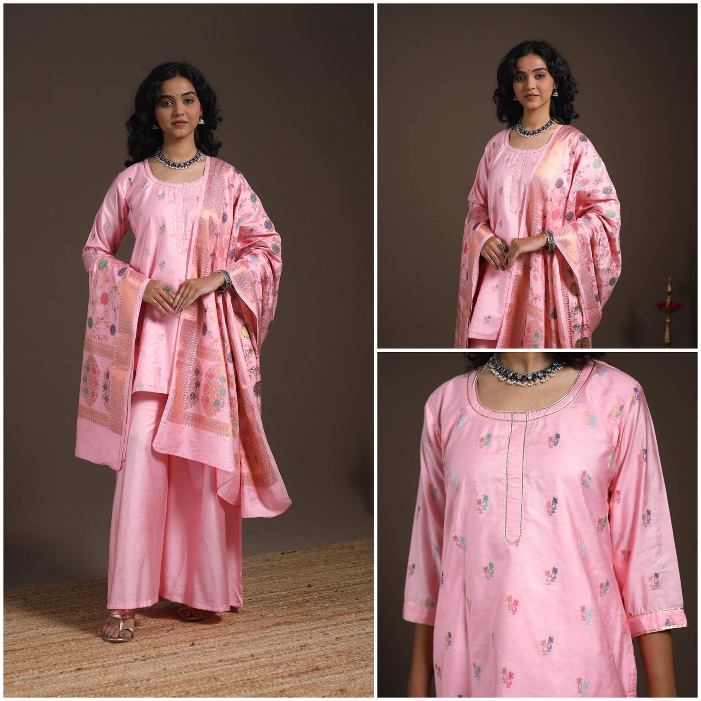 Pink - banarasi with gota work meena weaving silk cotton