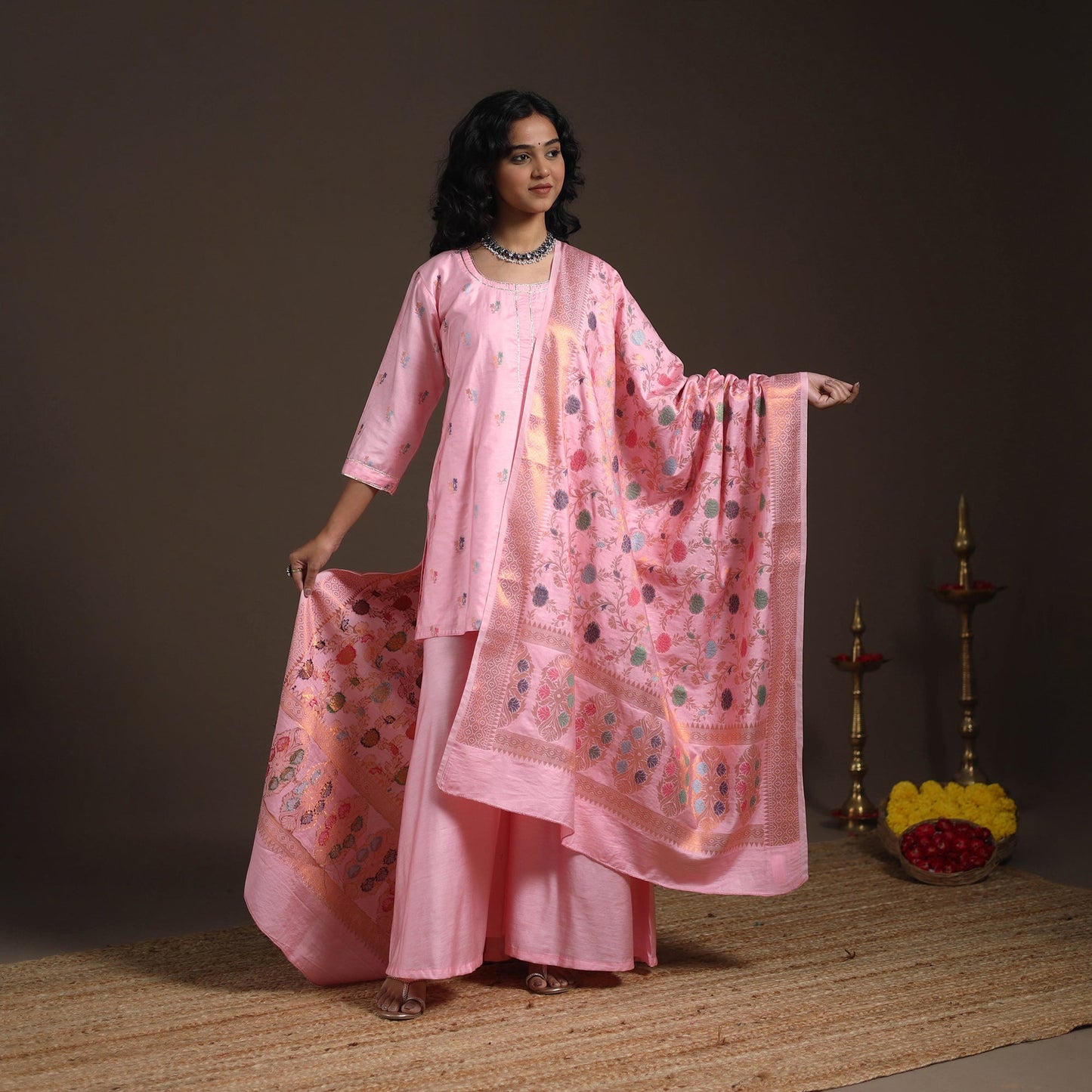 Pink - banarasi with gota work meena weaving silk cotton