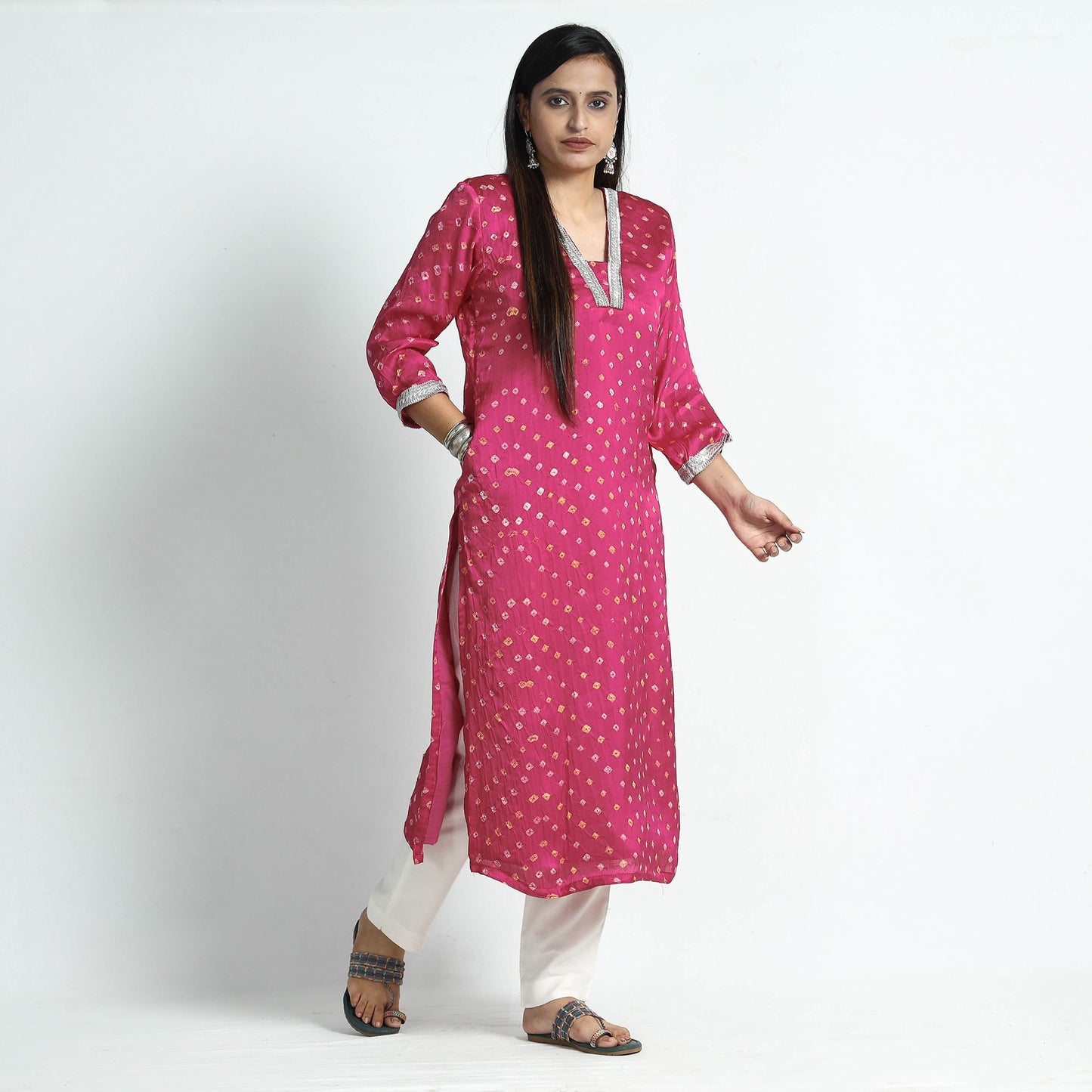 Pink - bandhani tie-dye modal silk straight kurta