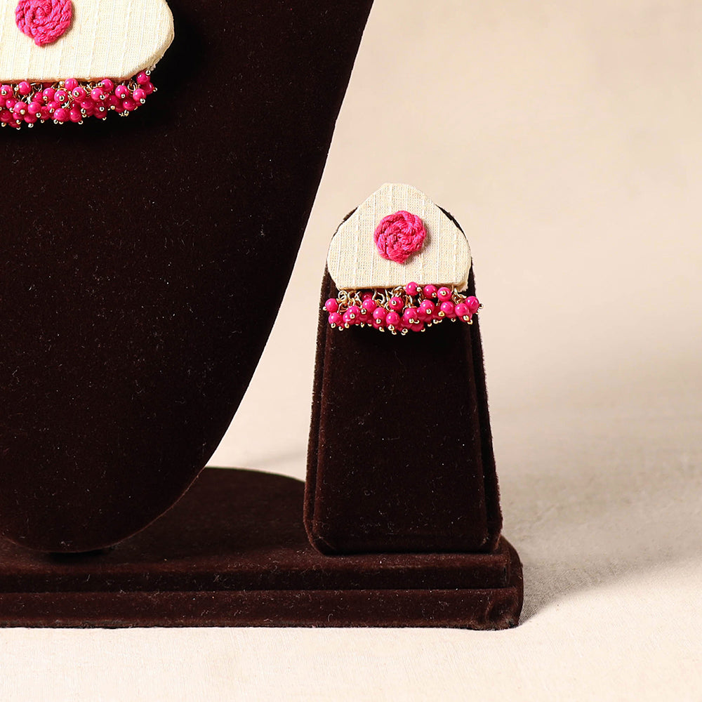Pink - bead work fabart necklace set 91 - handcrafted