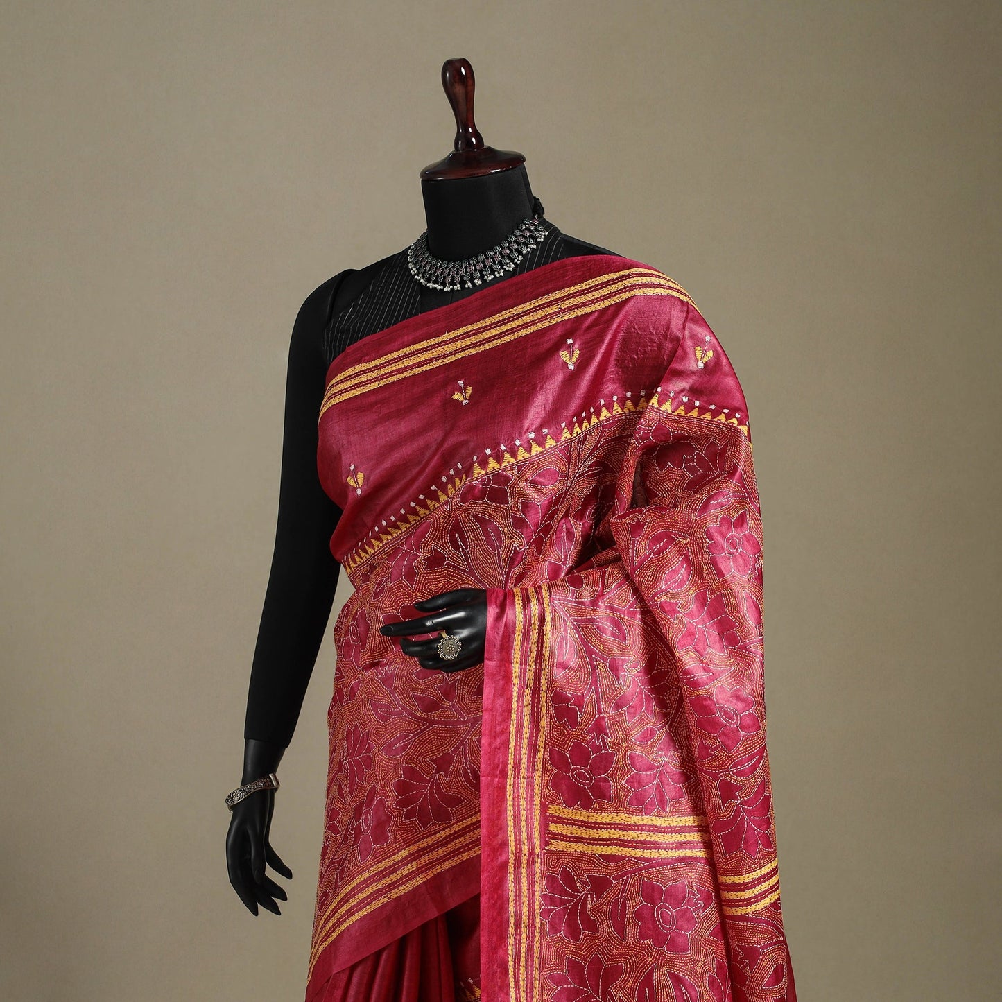 Red - bengal hand embroidery tussar silk handloom kantha