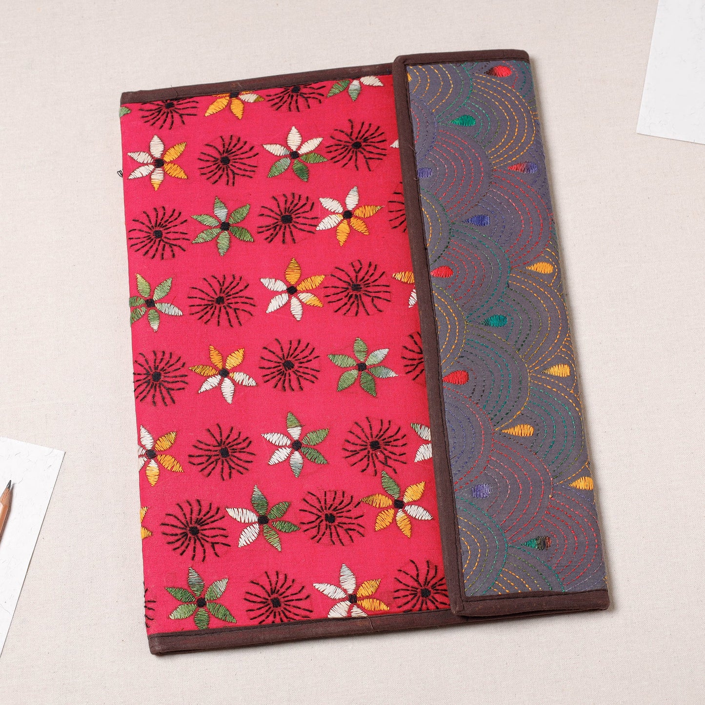 Pink Bengal Kantha Work Handcrafted File Folder