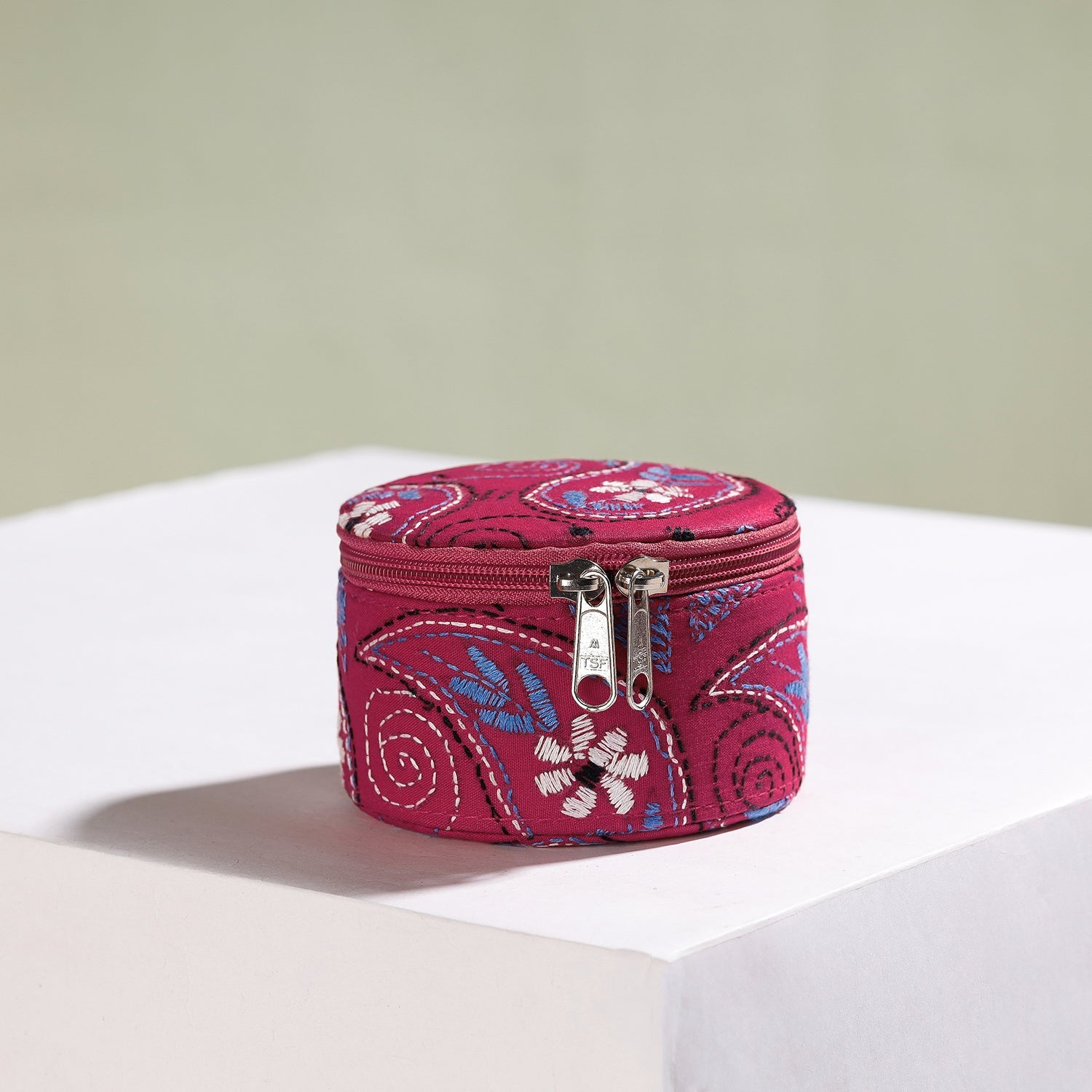 Red - Bengal Kantha Work Handcrafted Oval Jewelry Box with Mirror 14 main image 1