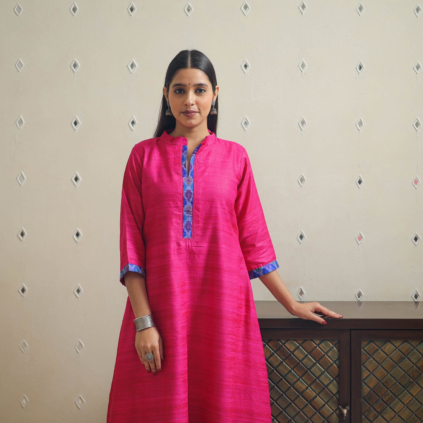 Pink Bhagalpuri Handwoven Desi Tussar Silk Plain Kurta for Women