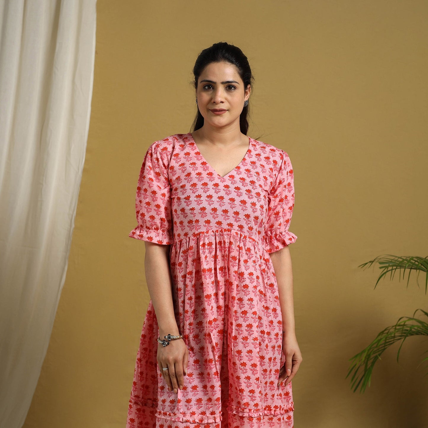Pink Block Print Cotton Frill Sanganeri Dress