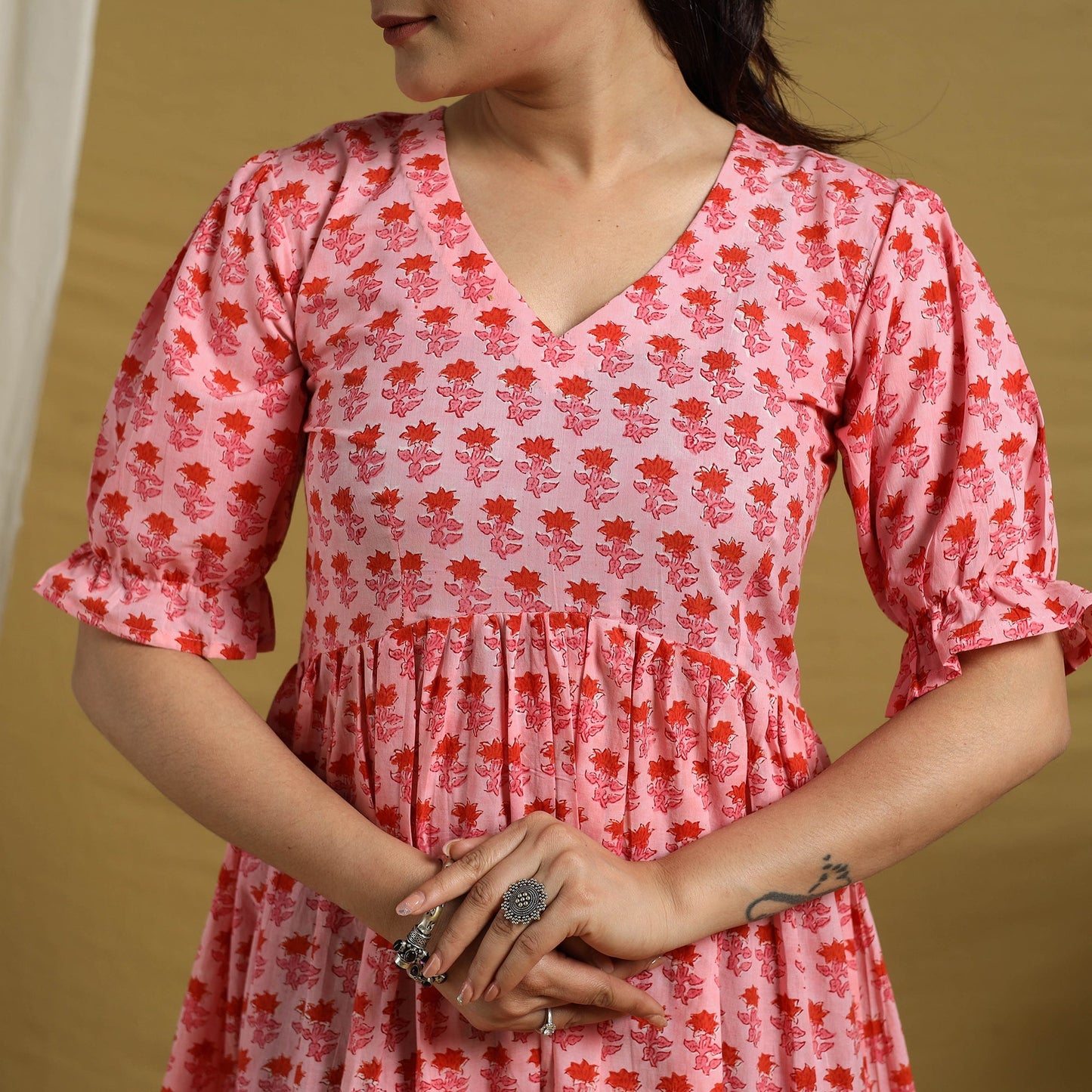 Pink Block Print Cotton Frill Sanganeri Dress