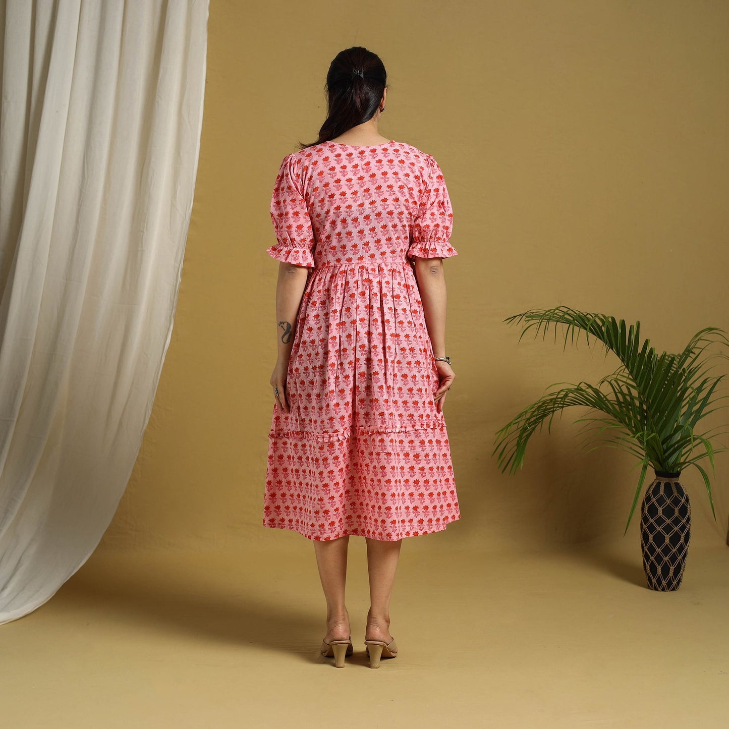 Pink Block Print Cotton Frill Sanganeri Dress