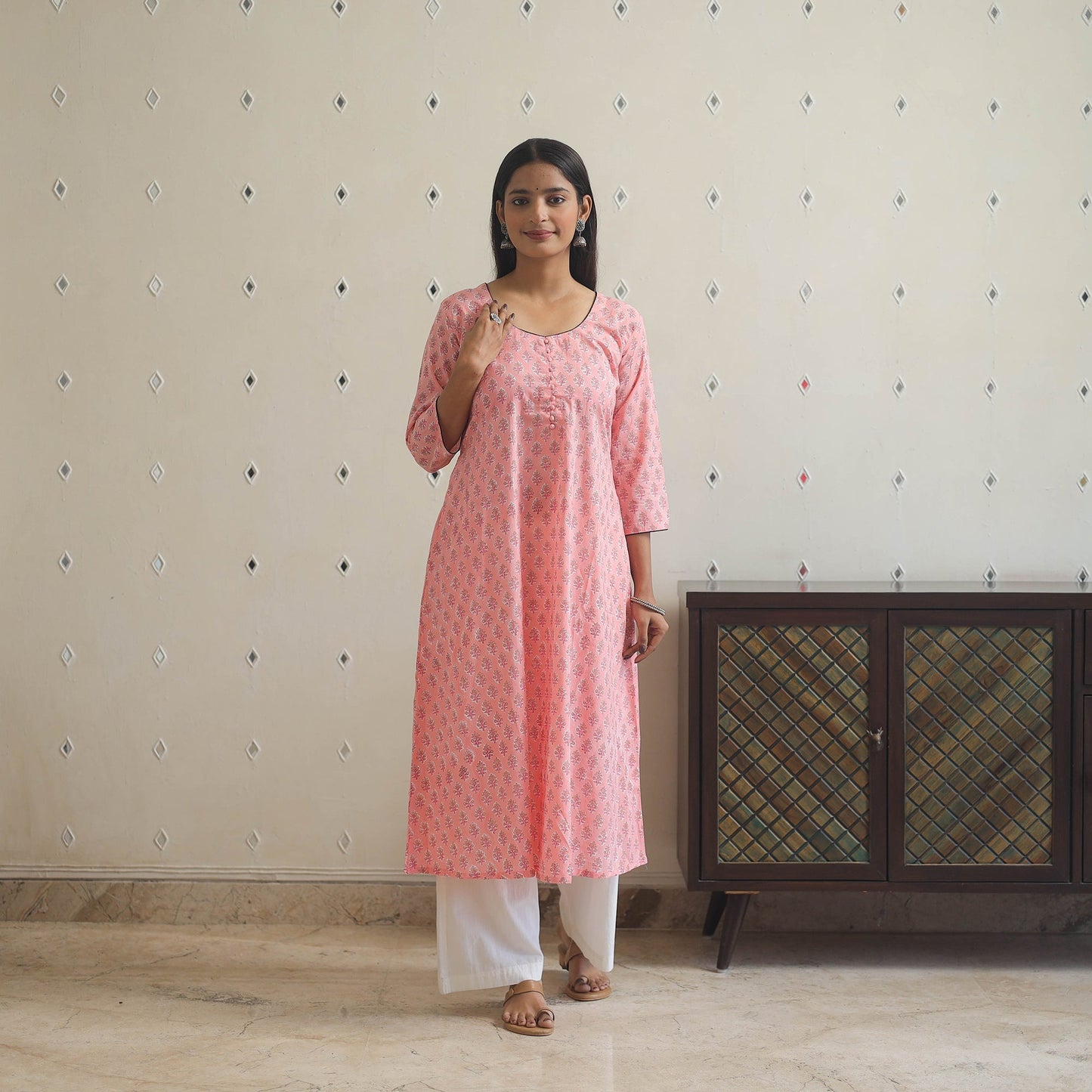 Pink Block Print Cotton A-Line Sanganeri Kurta