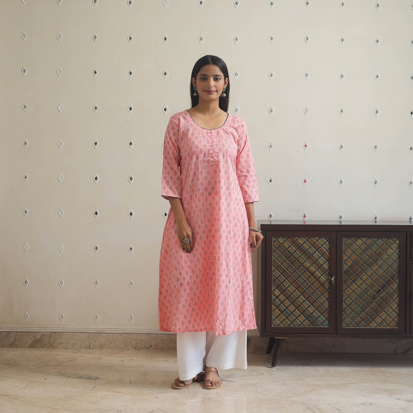 Pink Block Print Cotton A-Line Sanganeri Kurta