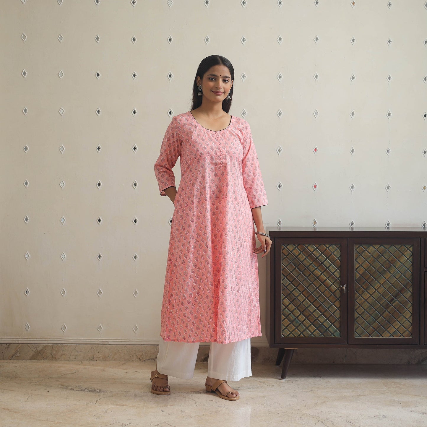 Pink Block Print Cotton A-Line Sanganeri Kurta
