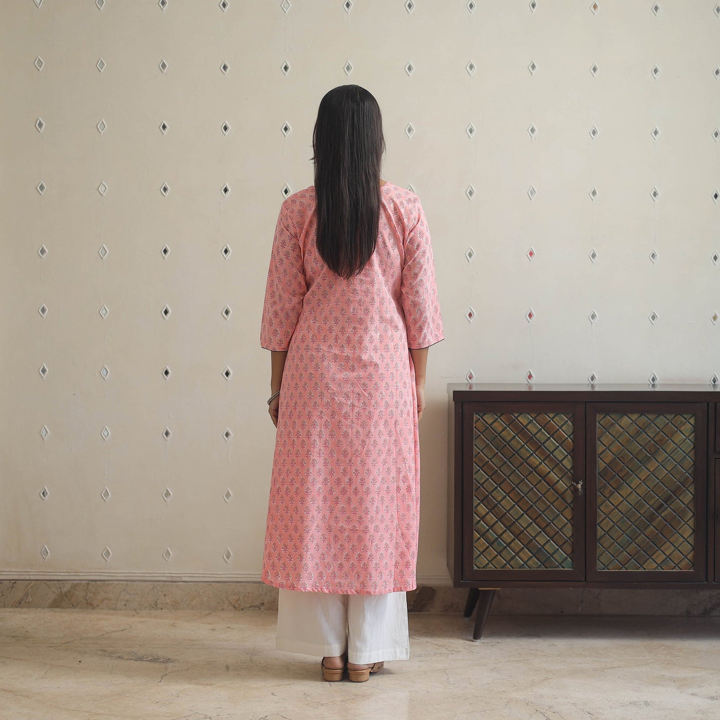 Pink Block Print Cotton A-Line Sanganeri Kurta
