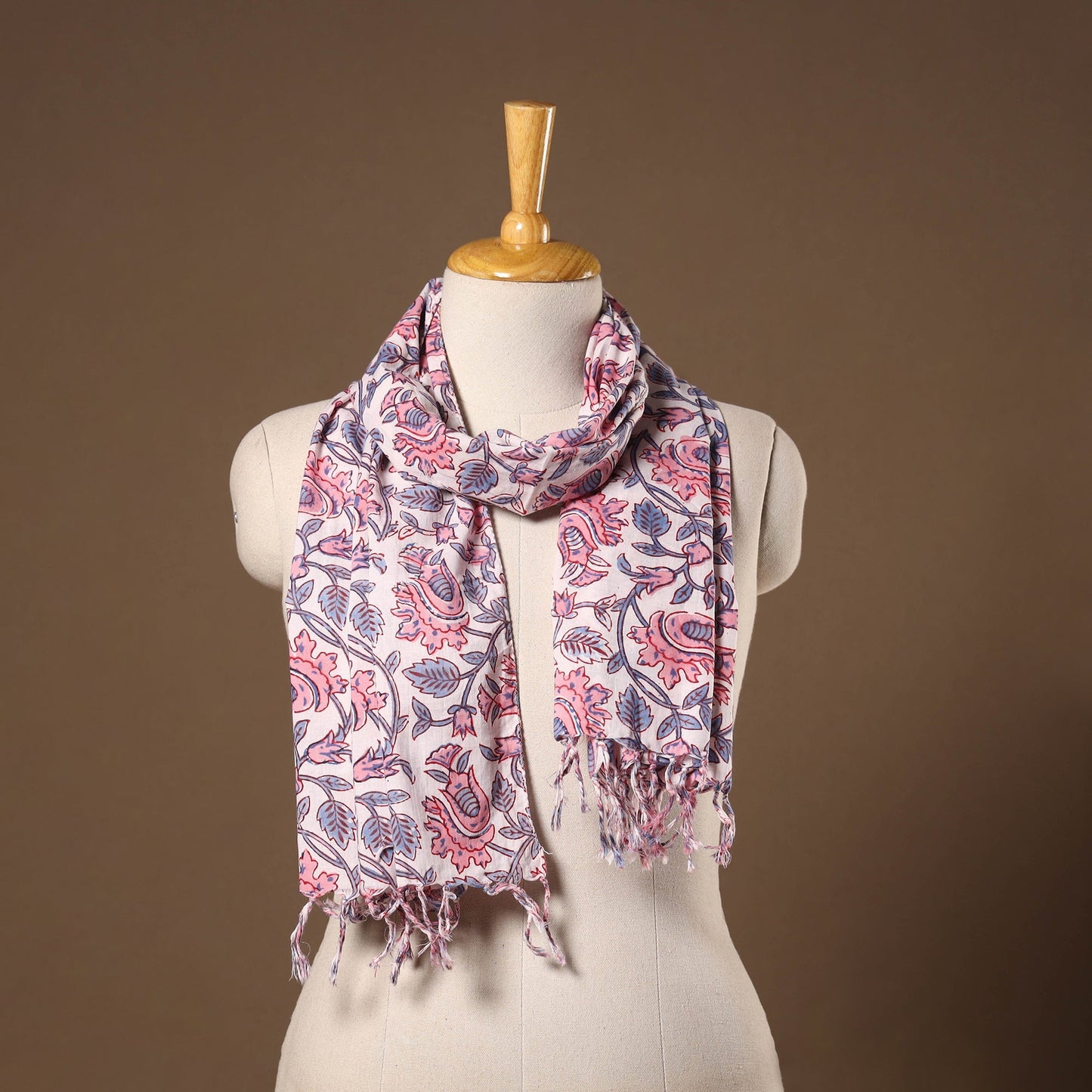 Pink - cotton sanganeri stole with tassels 19 - handcrafted