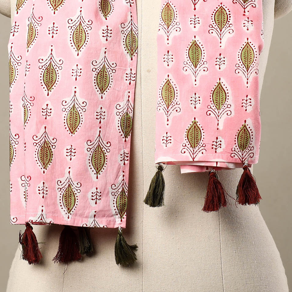Buy Block Print Cotton Pink Sanganeri Stole with Tassels