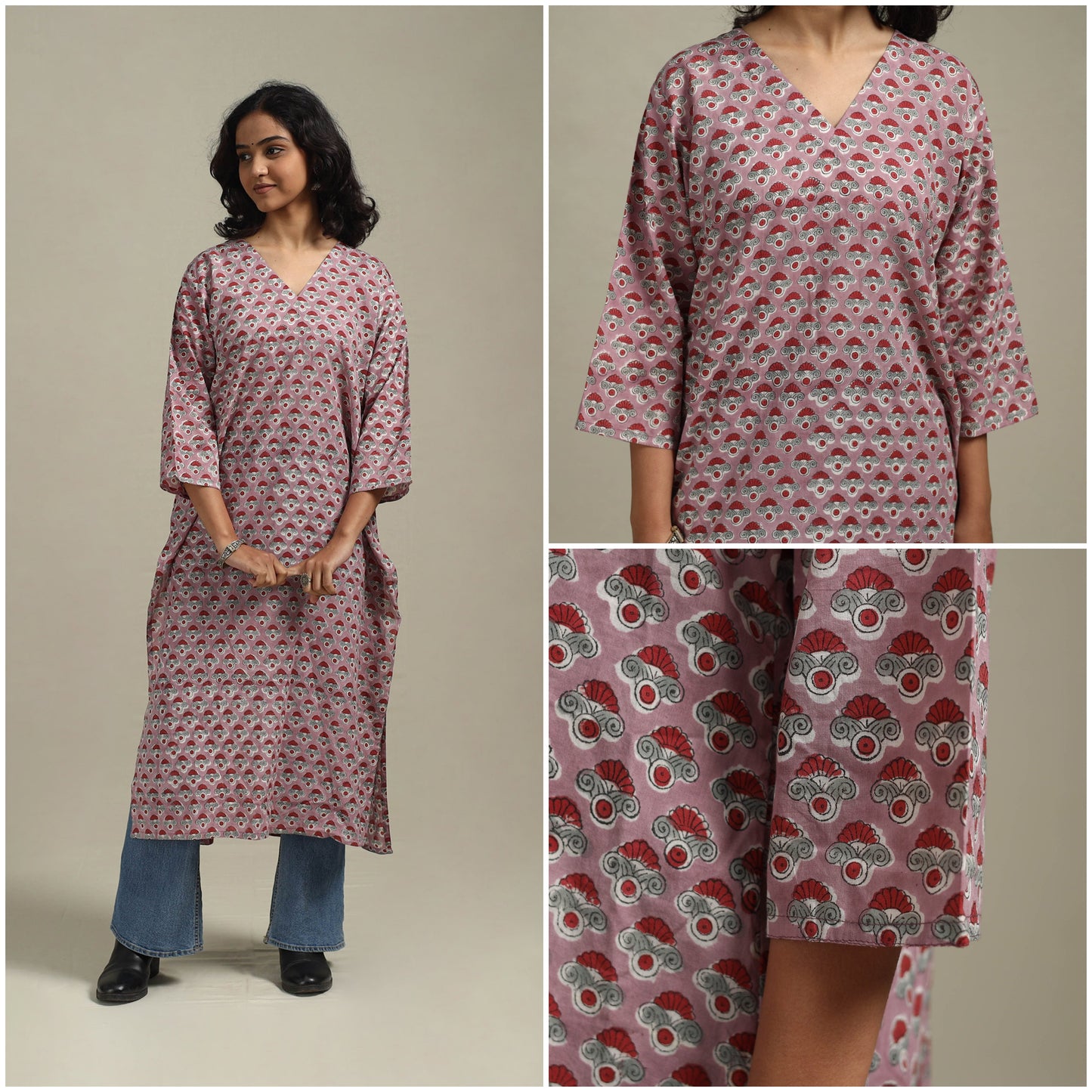 Pink - cotton straight sanganeri kurta 02 - handcrafted