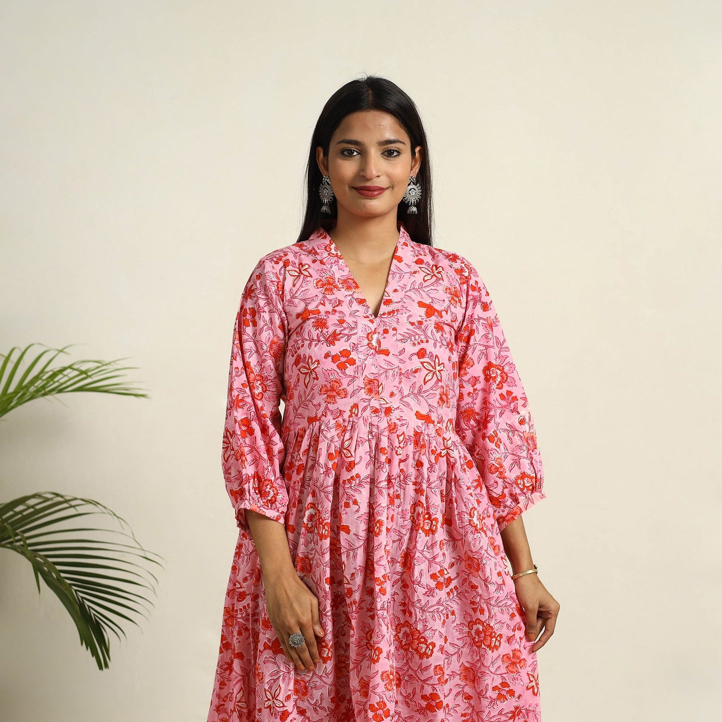Buy Pink Block Print Cotton Tiered Sanganeri Dress