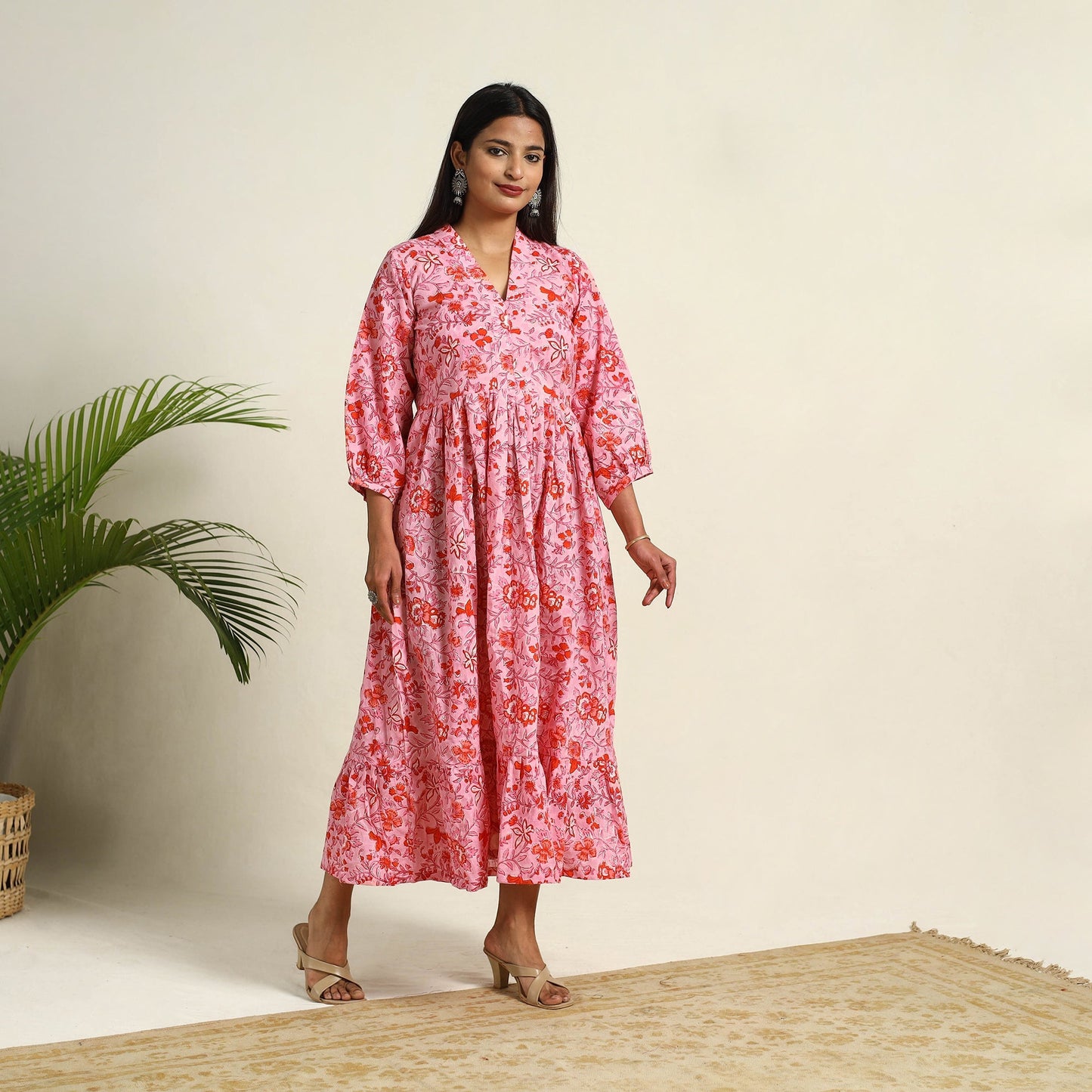 Buy Pink Block Print Cotton Tiered Sanganeri Dress