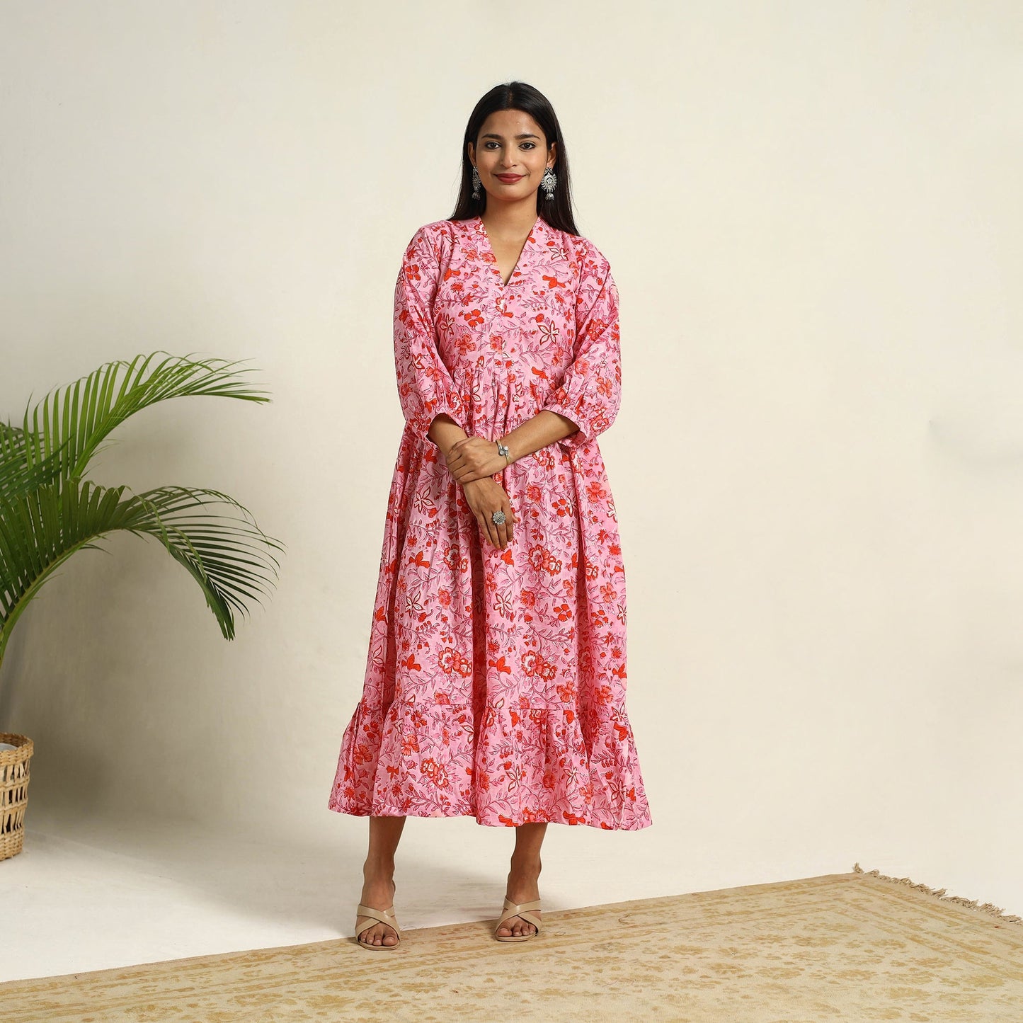 Buy Pink Block Print Cotton Tiered Sanganeri Dress