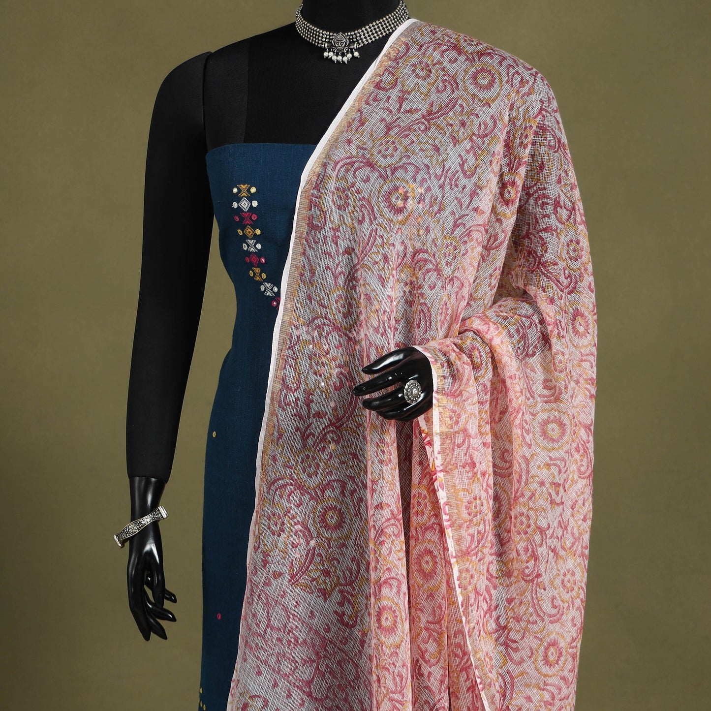 Pink Block Print Kota Doria Cotton Sanganeri Floral Dupatta