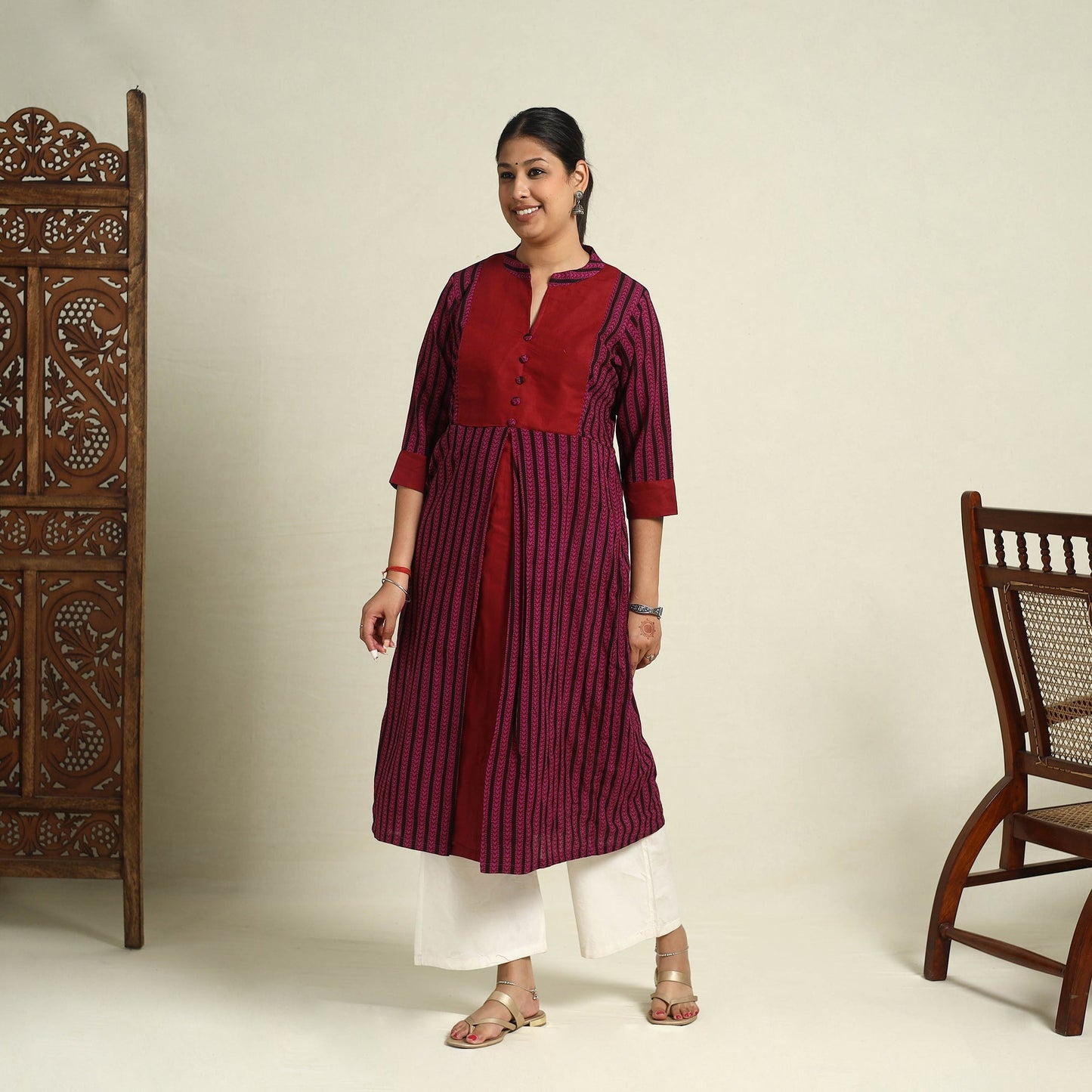 Pink Block Print Mul Cotton A-Line Bagh Kurta for Women