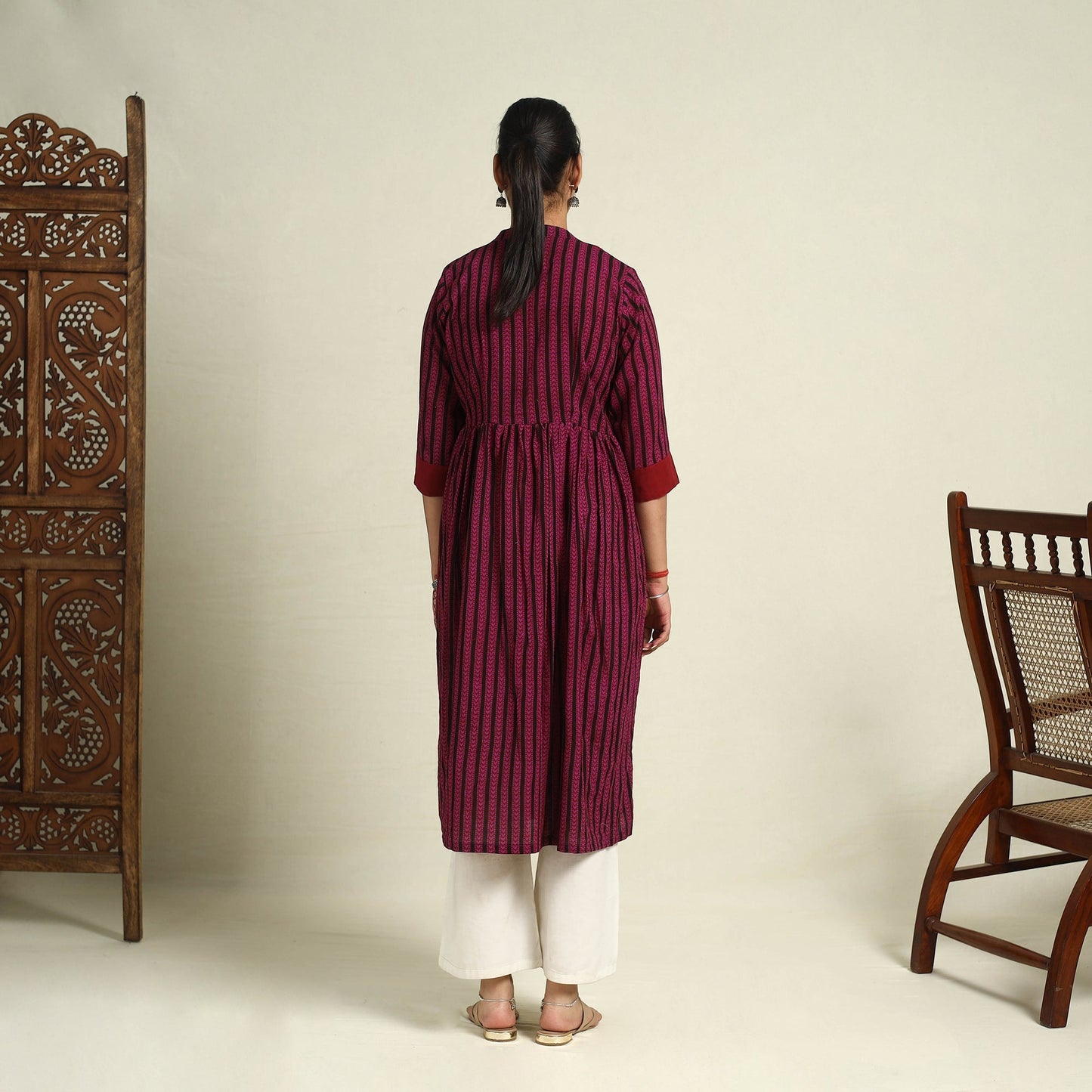 Pink Block Print Mul Cotton A-Line Bagh Kurta for Women
