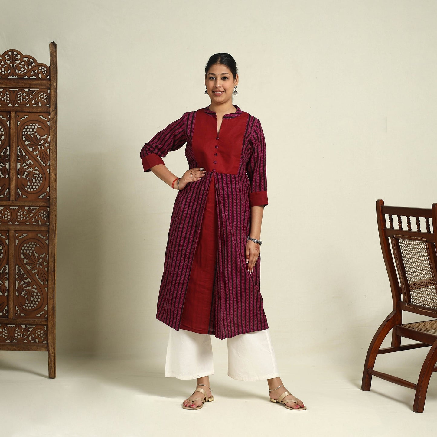 Pink Block Print Mul Cotton A-Line Bagh Kurta for Women