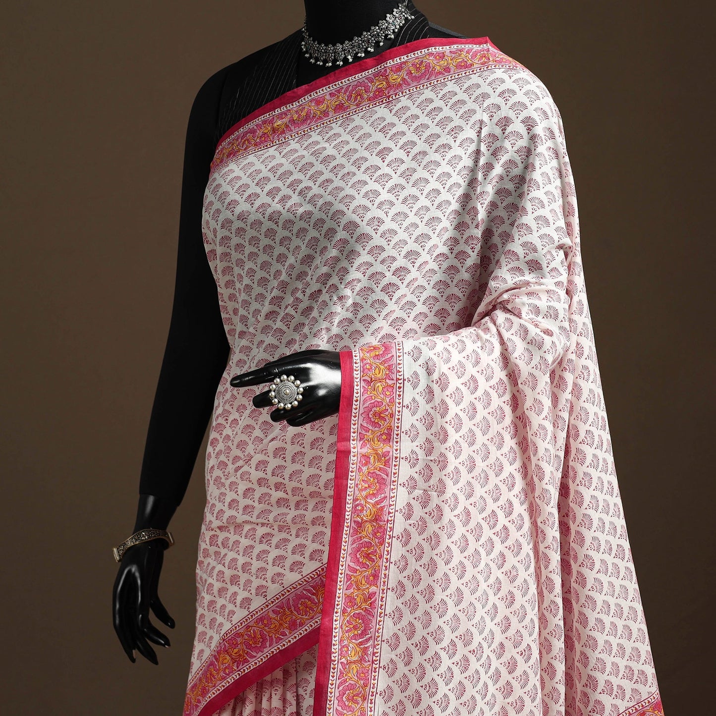 Pink - printed mul cotton sanganeri saree - handcrafted