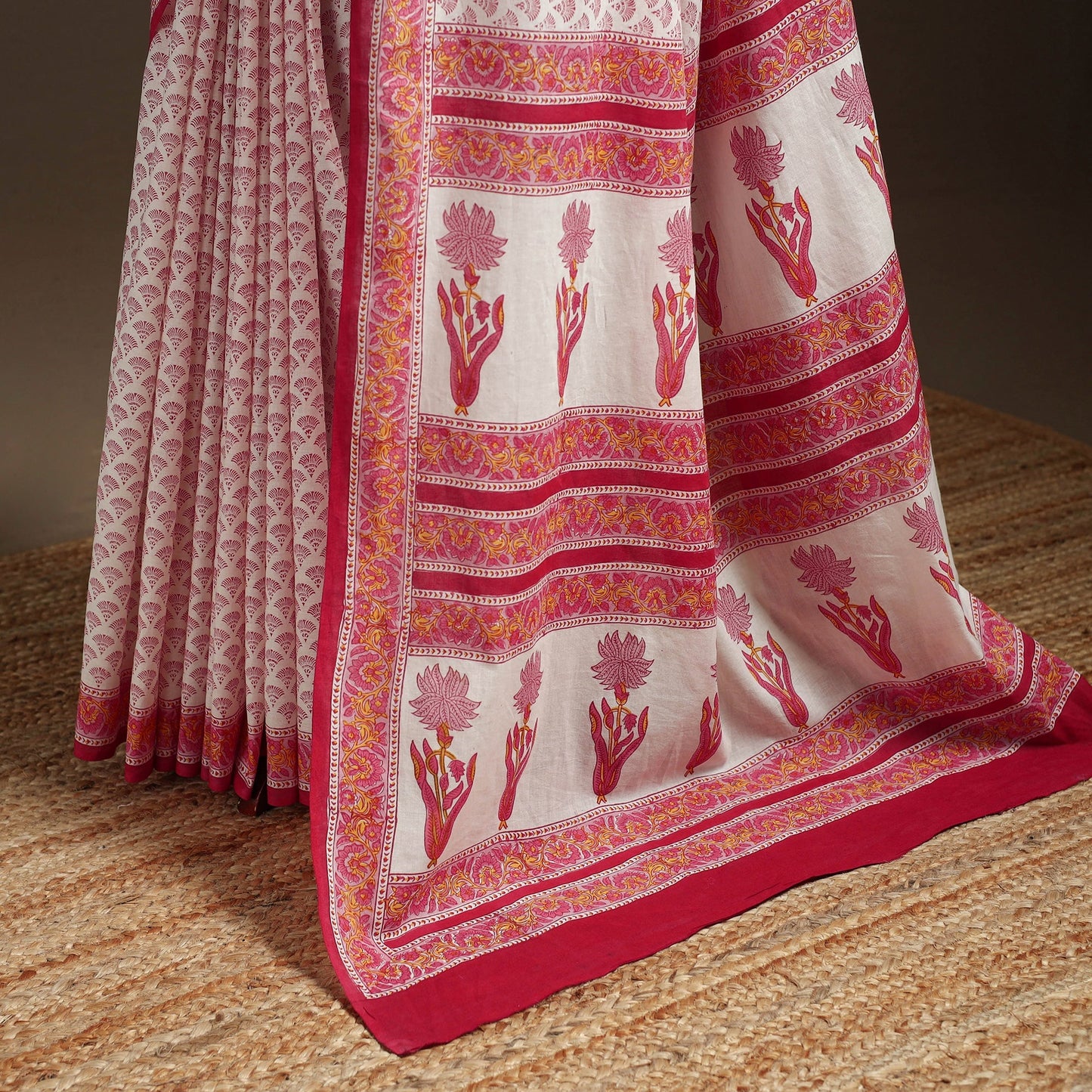 Pink - printed mul cotton sanganeri saree - handcrafted