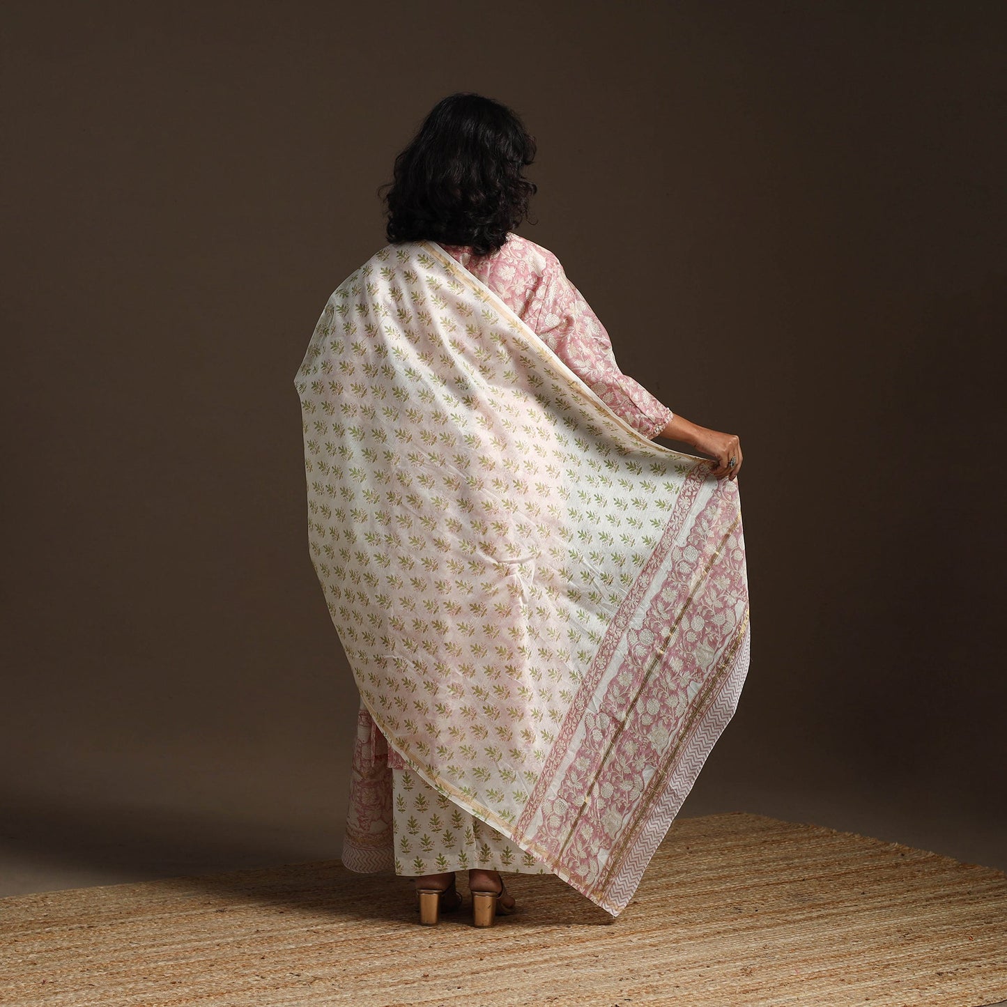 Pink - chanderi silk hand embroidery sanganeri suit set