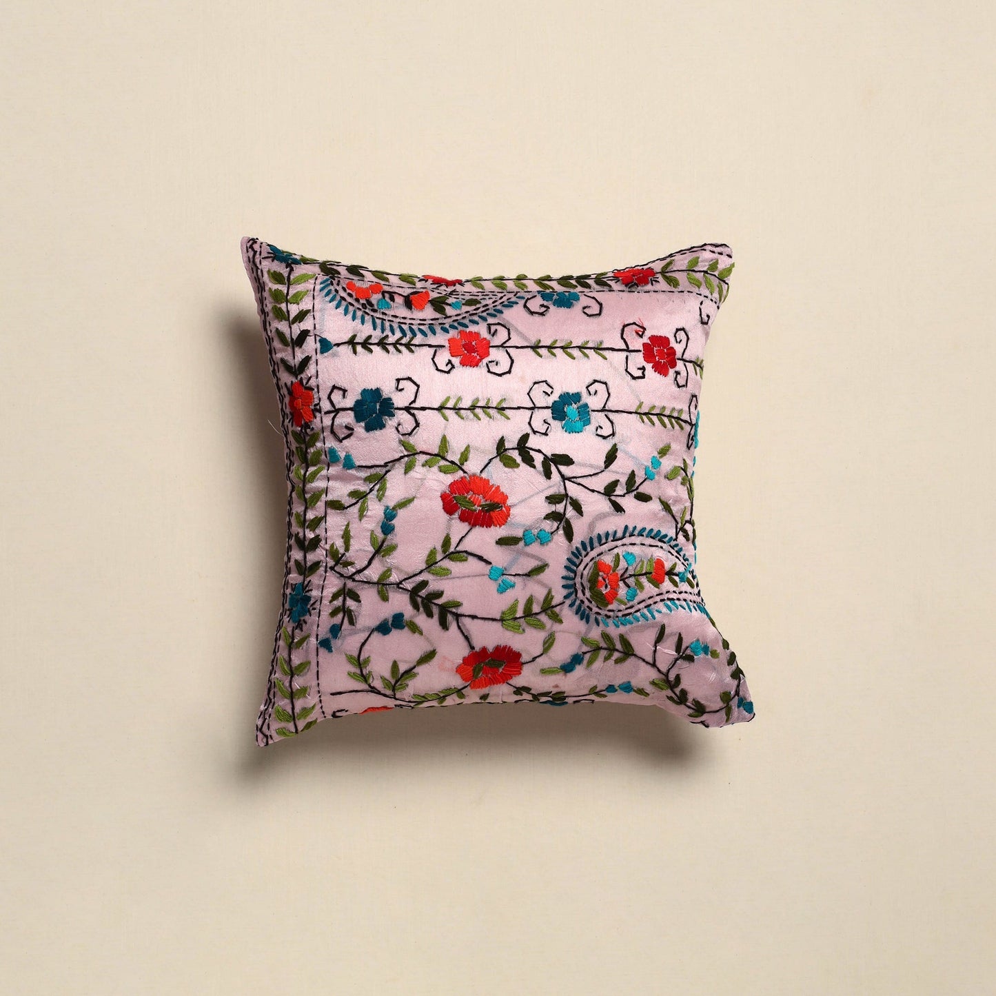 Chanderi silk hand embroidery cushion cover 06 - handcrafted