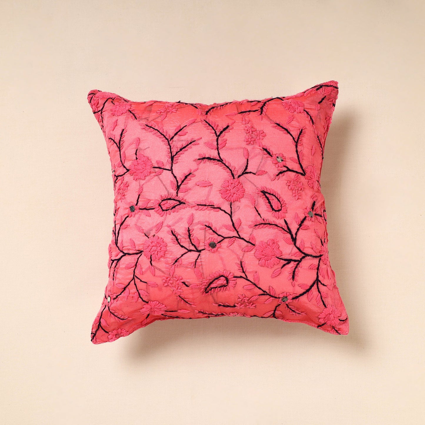 Pink Chanderi Silk Pink Phulkari Hand Embroidered Cushion Cover