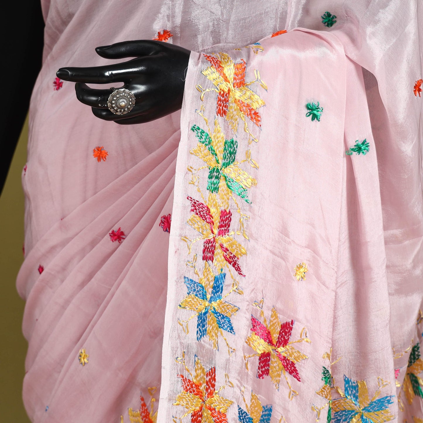 Pink - chinon silk hand embroidery phulkari saree 04