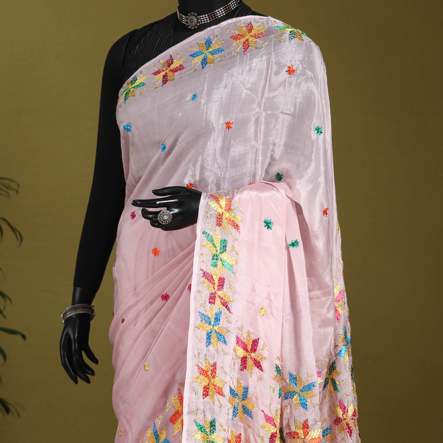 Pink - chinon silk hand embroidery phulkari saree 04