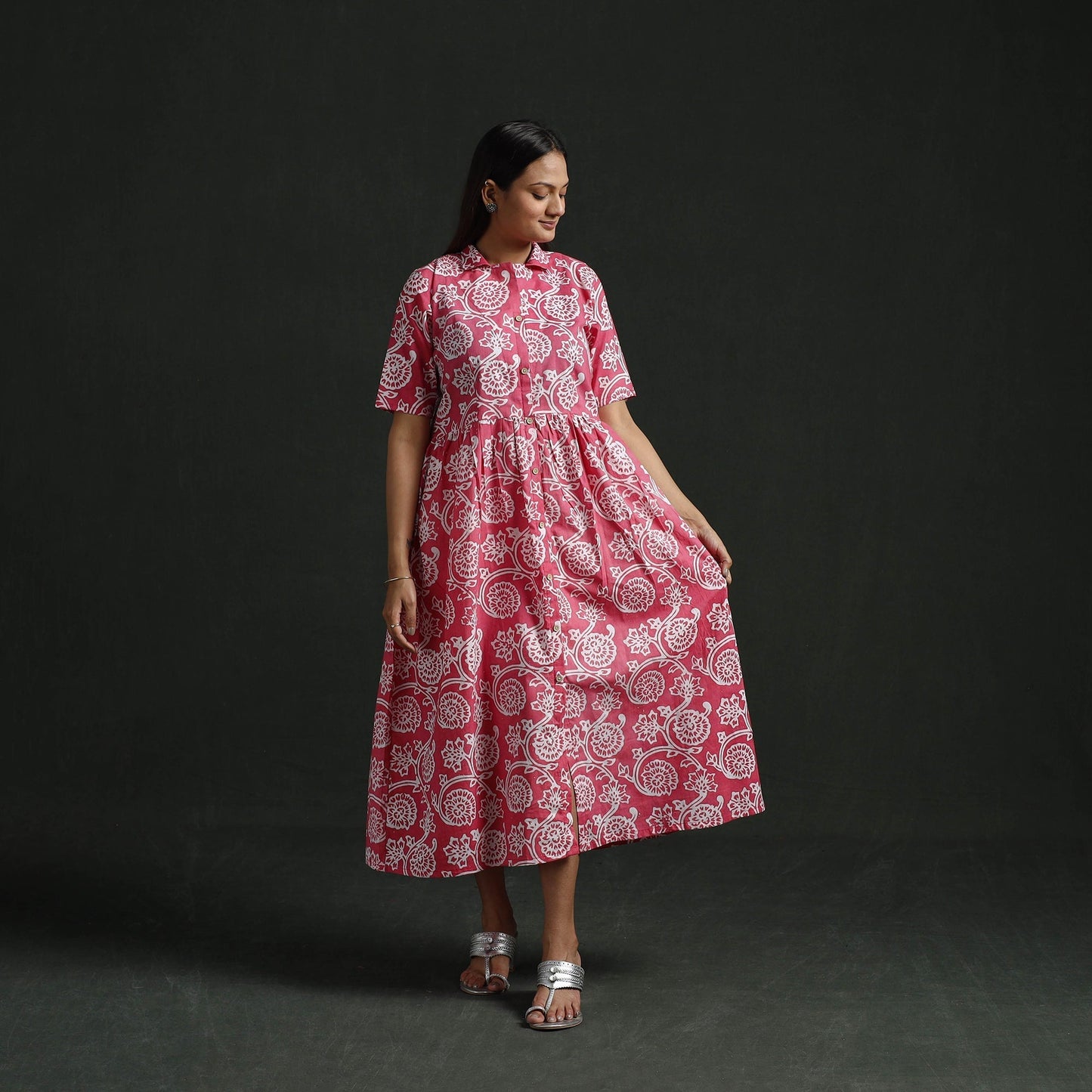 Collared neck buttoned down flared cotton hand block batik