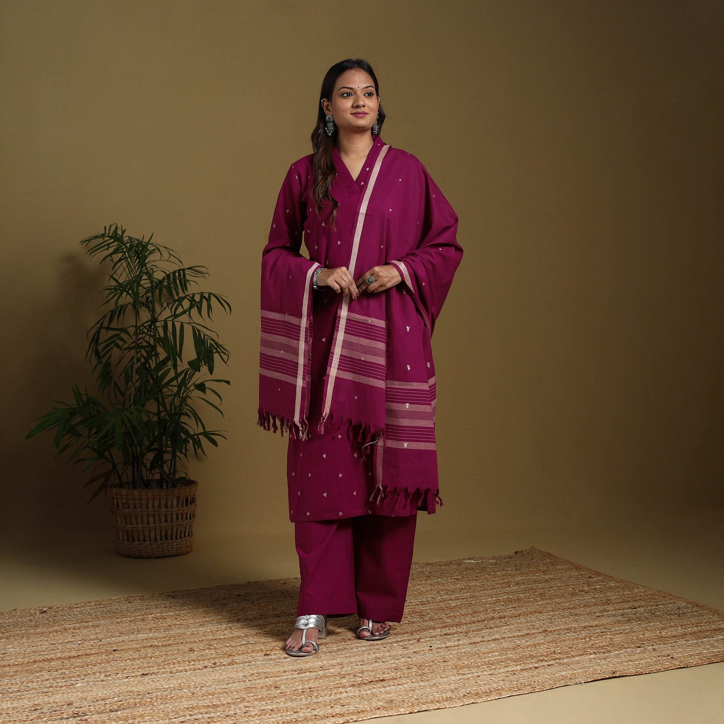 Pink - cotton jacquard kurta set (set of 3) 15 - handcrafted