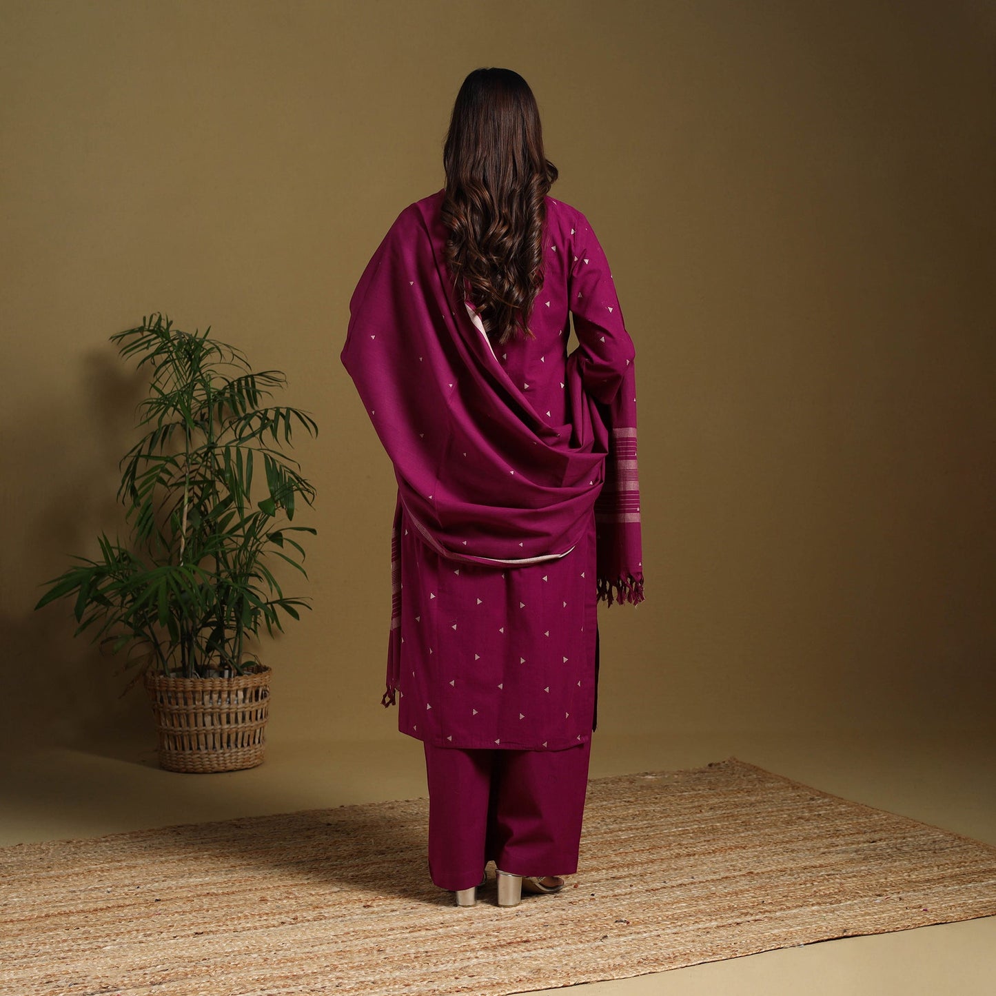 Pink - cotton jacquard kurta set (set of 3) 15 - handcrafted