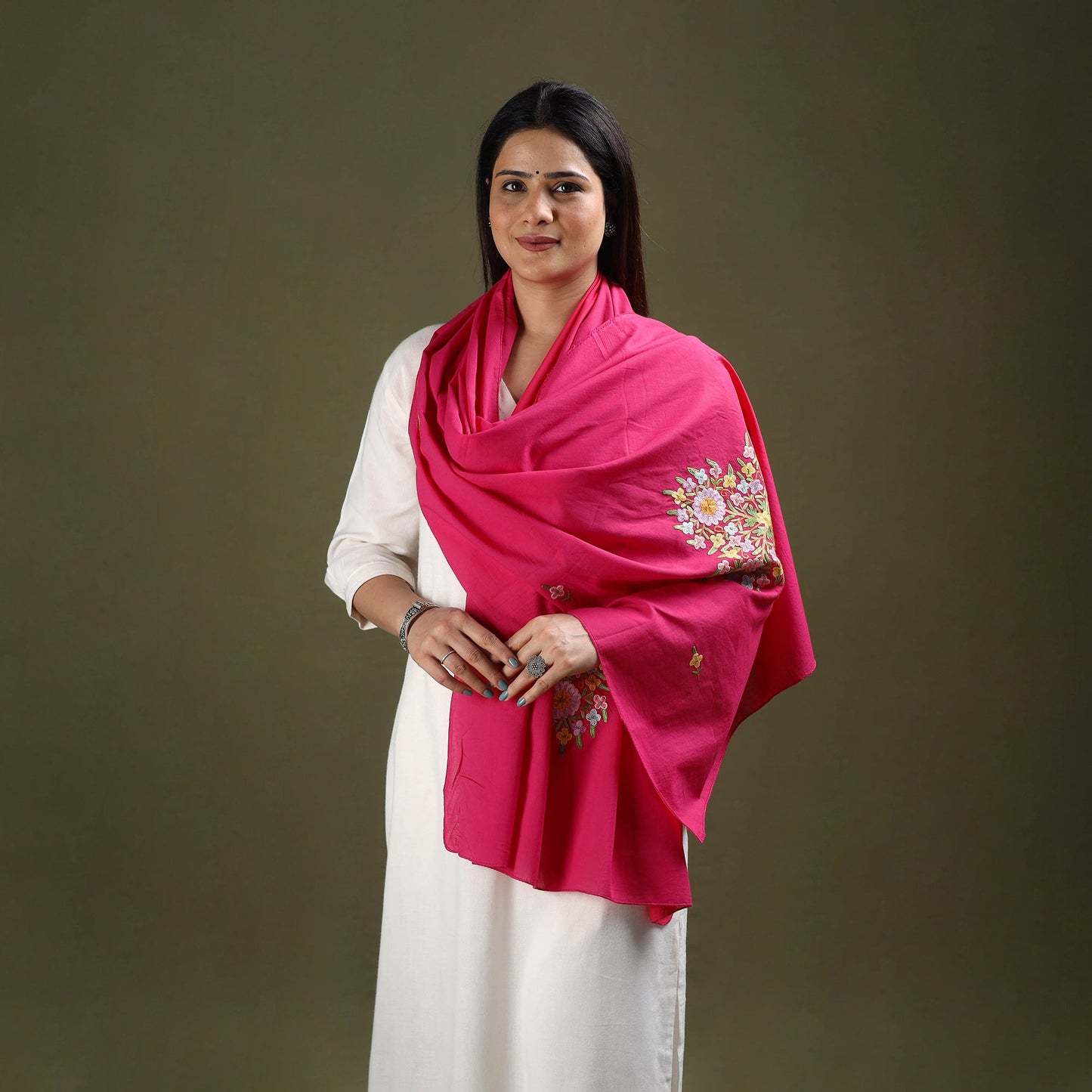Pink Cotton Kashida Embroidery Stole