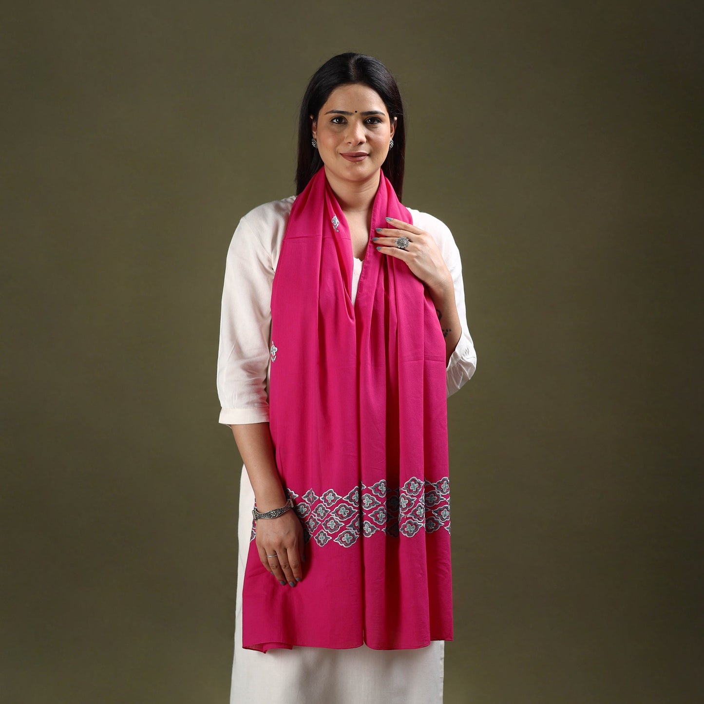 Pink Cotton Kashida Embroidery Stole