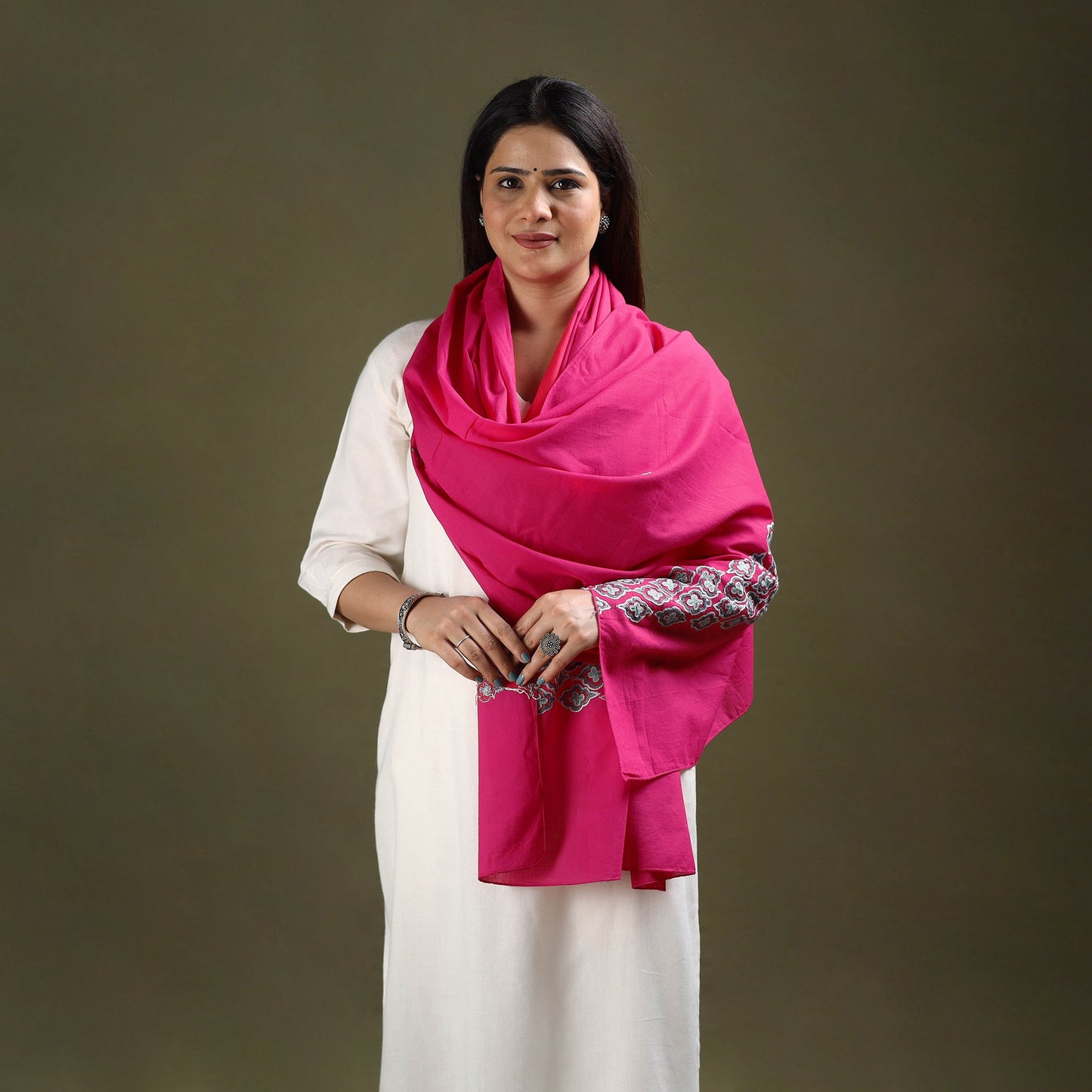Pink Cotton Kashida Embroidery Stole