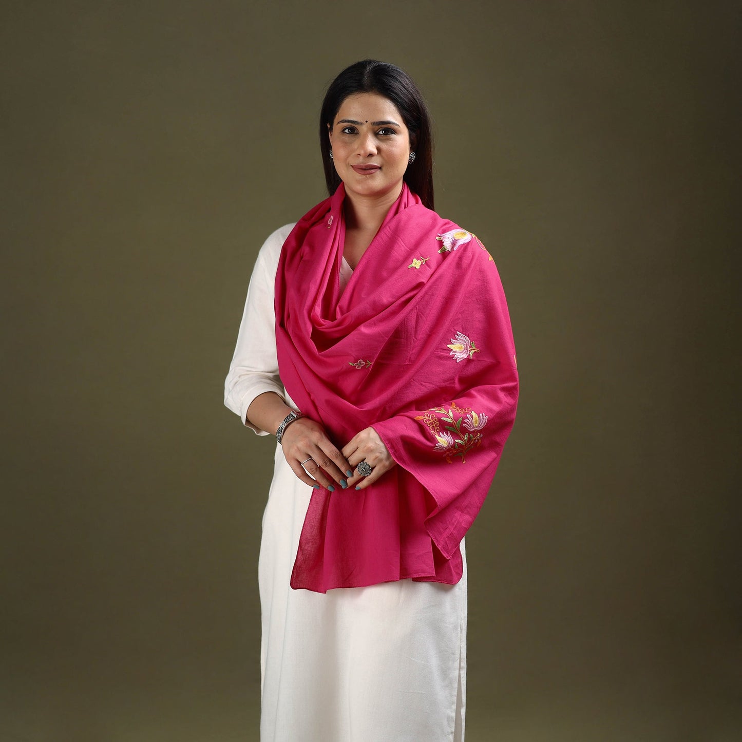 Pink Cotton Kashida Embroidery Stole