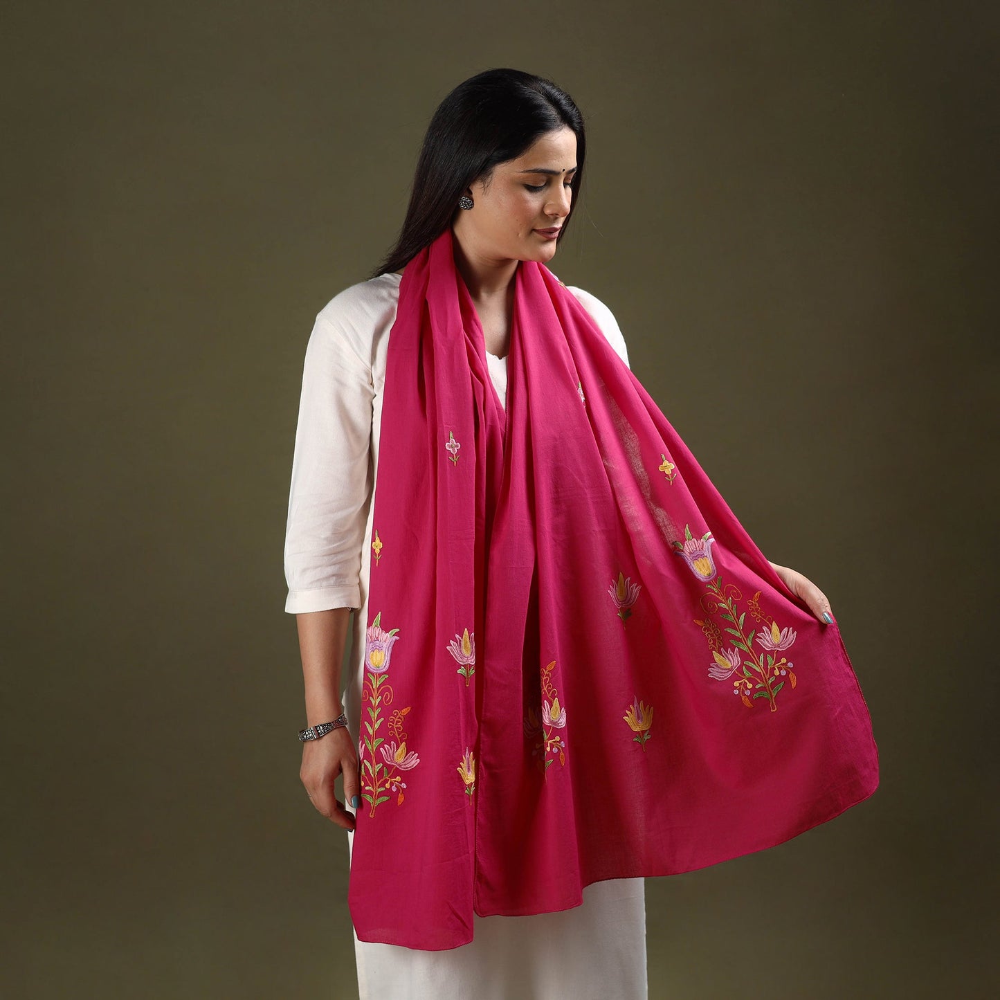 Pink Cotton Kashida Embroidery Stole